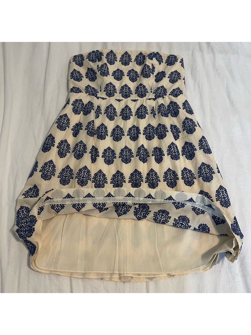 JCREW strapless embroidered mini/midi dress cream and blue size 10 pockets EUC - Picture 4 of 11